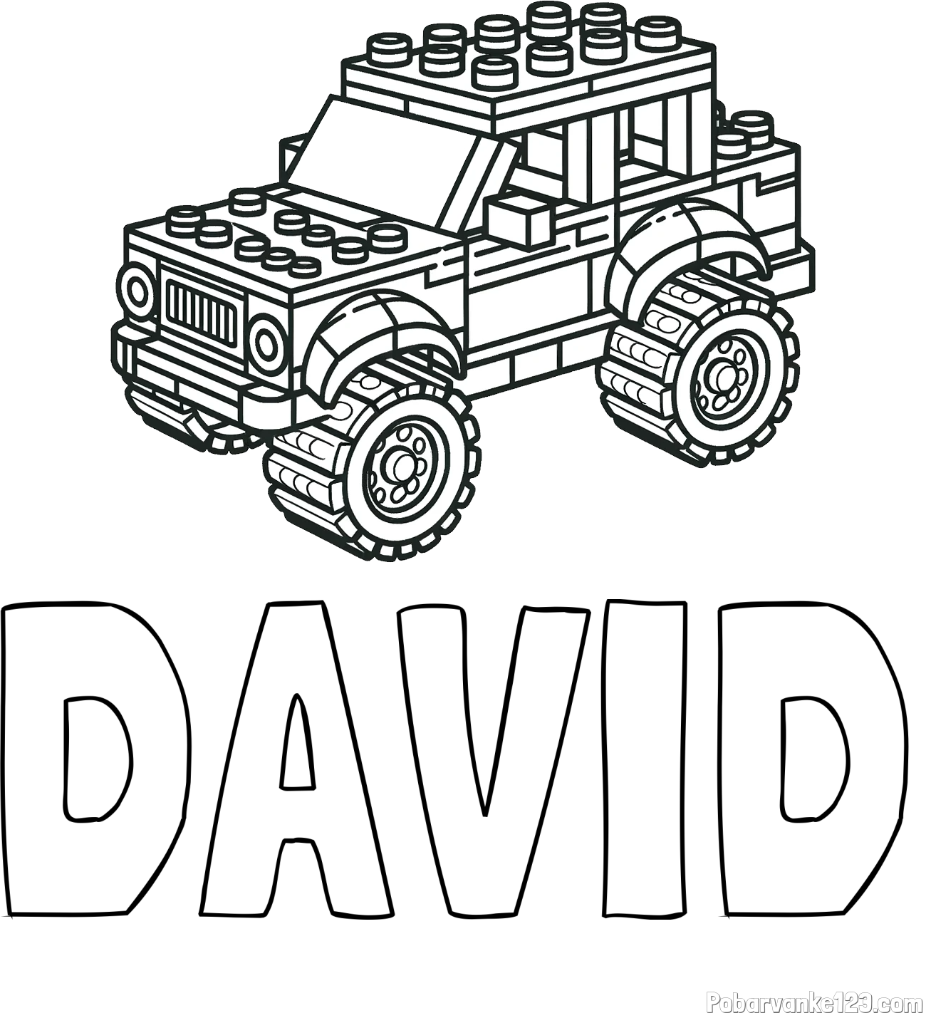 Pobarvanka imena DAVID in pobarvanka džipa sestavljenega iz LEGO kock