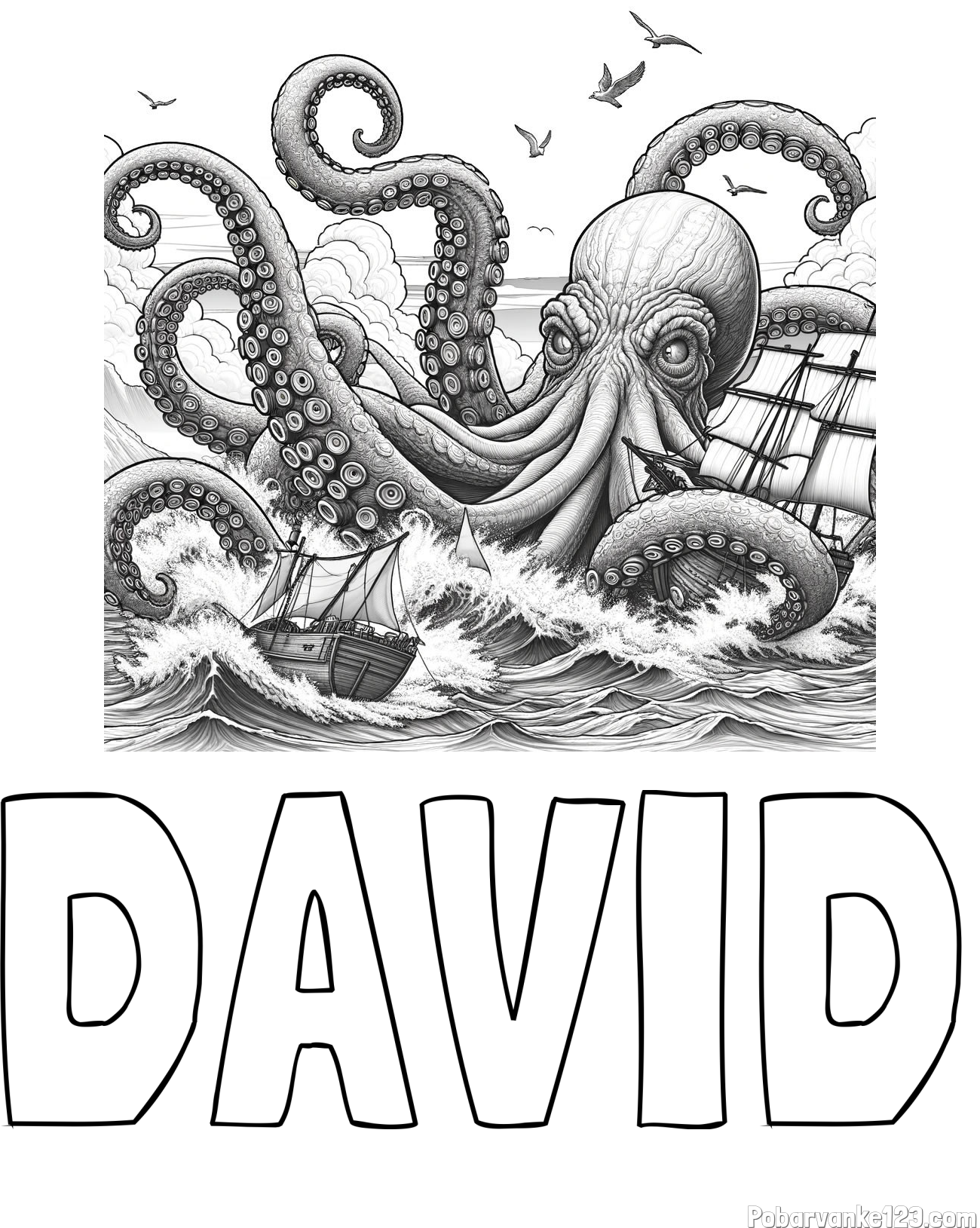 Pobarvanka imena DAVID in pobarvanka orjaške hobotnice, ki je napadla veliko gusarsko ladjo