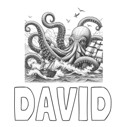 Online izdelana pobarvanka - Pobarvanka imena DAVID in pobarvanka orjaške hobotnice, ki je napadla veliko gusarsko ladjo