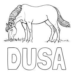 Online izdelana pobarvanka - Pobarvanka imena DUŠA in pobarvanka konja med pašo