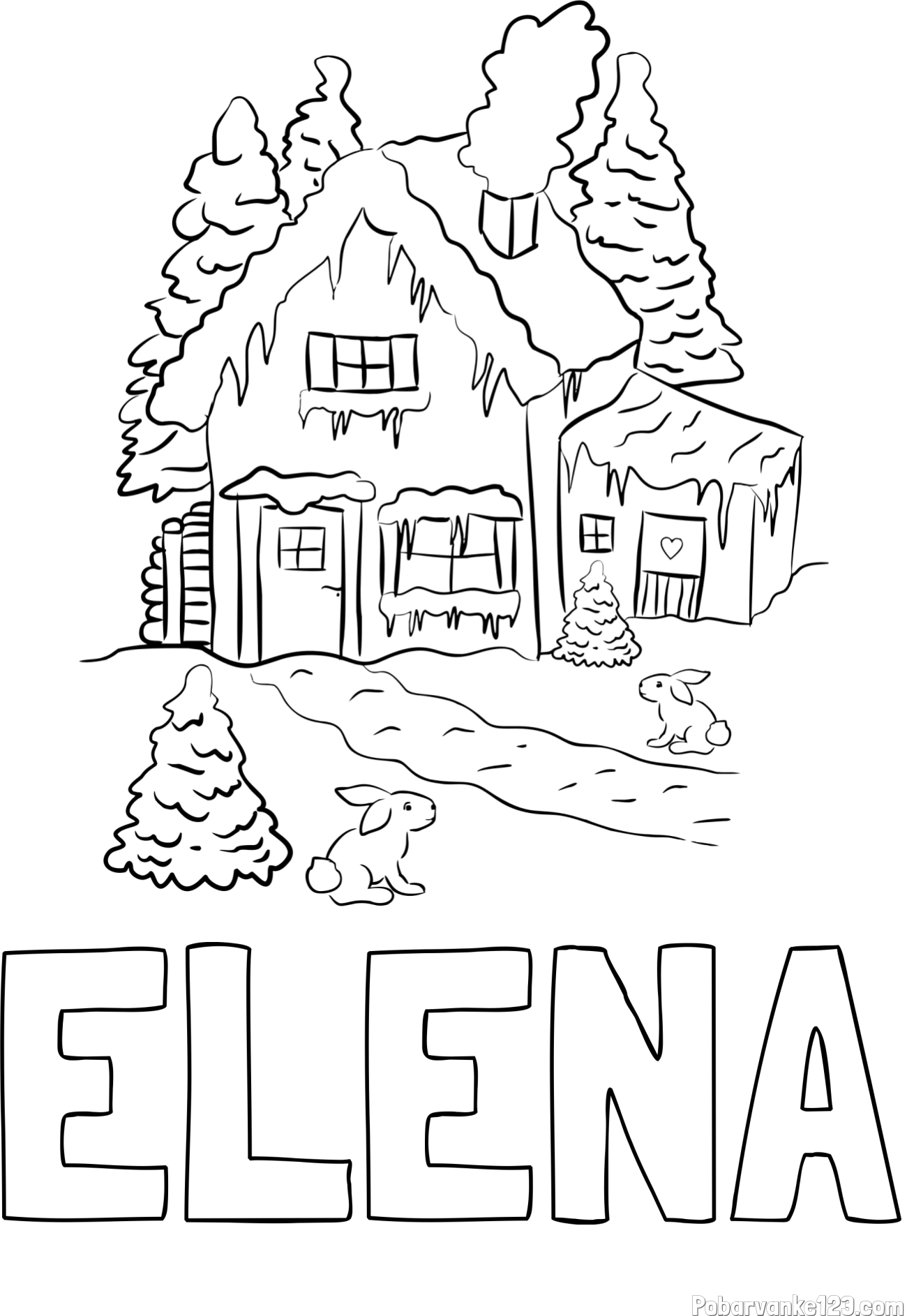 Pobarvanka imena ELENA in pobarvanka zasnežene hiše