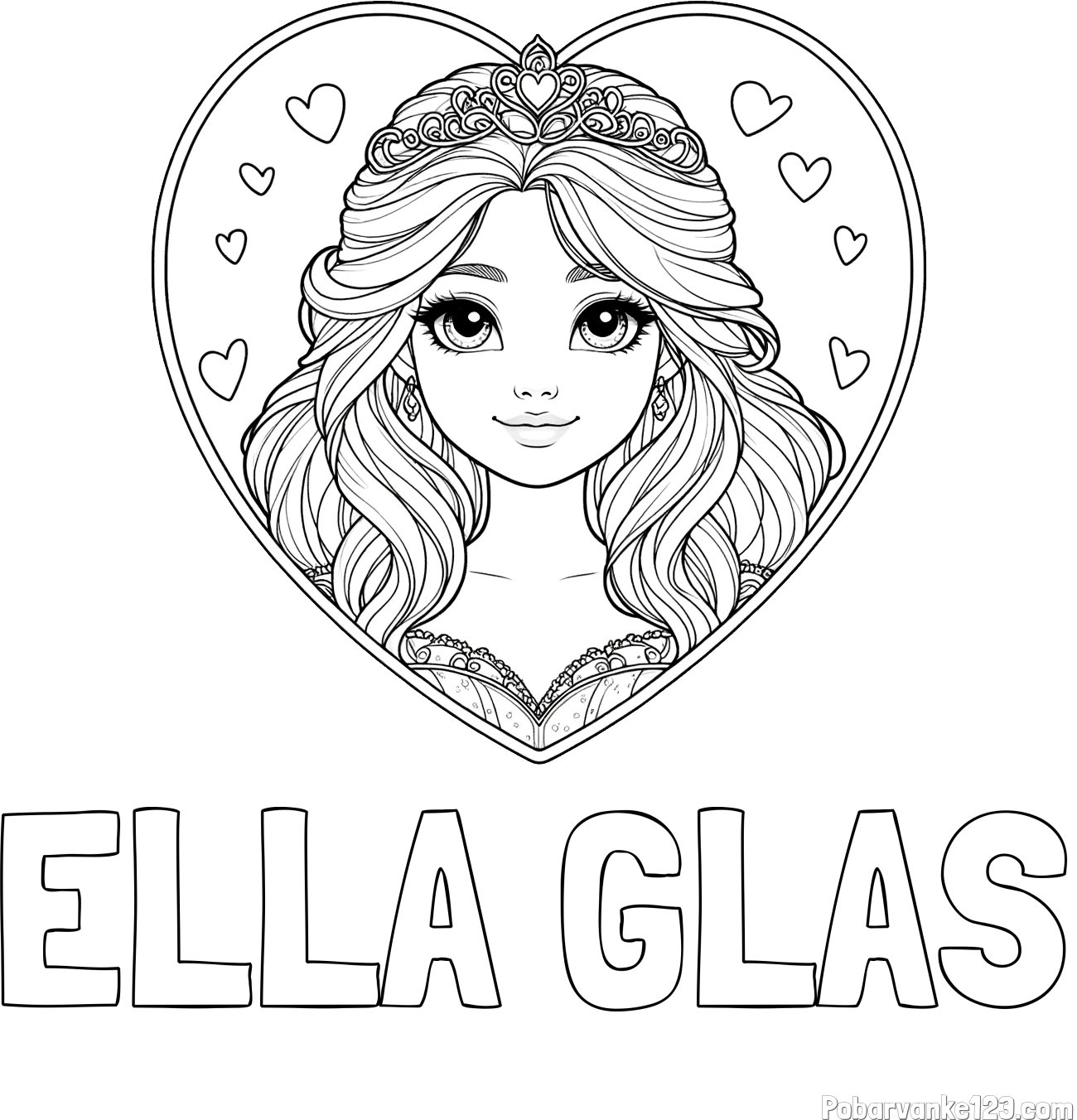 Pobarvanka imena ELLA GLAS in pobarvanka princeske ter srčkov