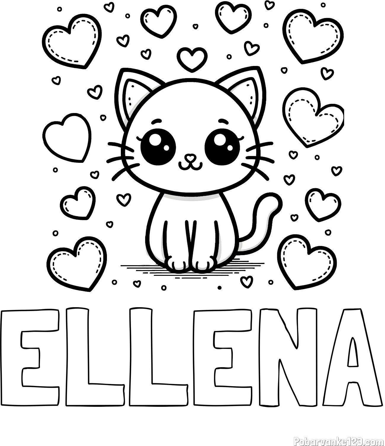 Pobarvanka imena ELLENA in pobarvanka ljubke mucke obdane z veliko srčki