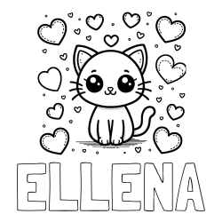 Online izdelana pobarvanka - Pobarvanka imena ELLENA in pobarvanka ljubke mucke obdane z veliko srčki