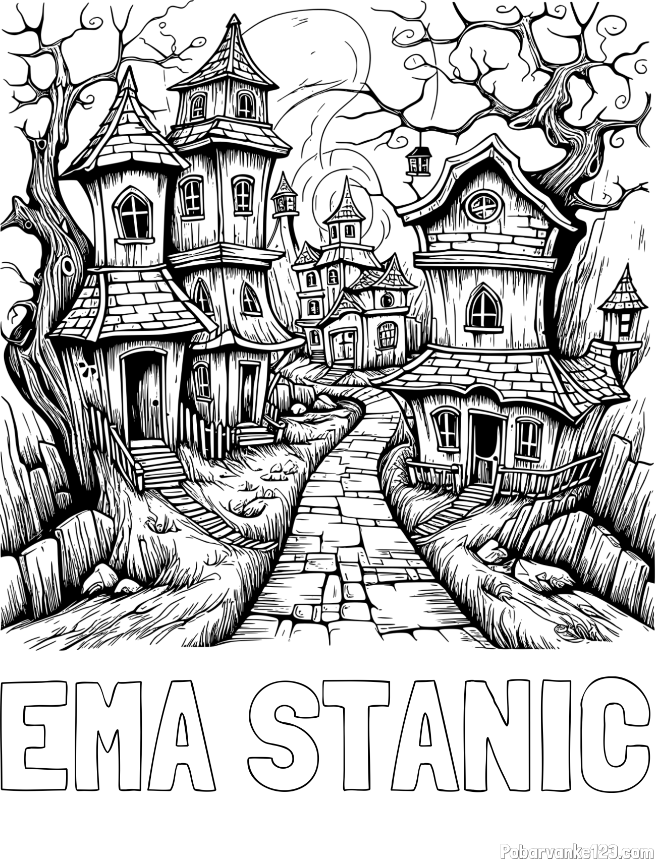 Pobarvanka imena EMA STANIČ in pobarvanka začaranih hišk