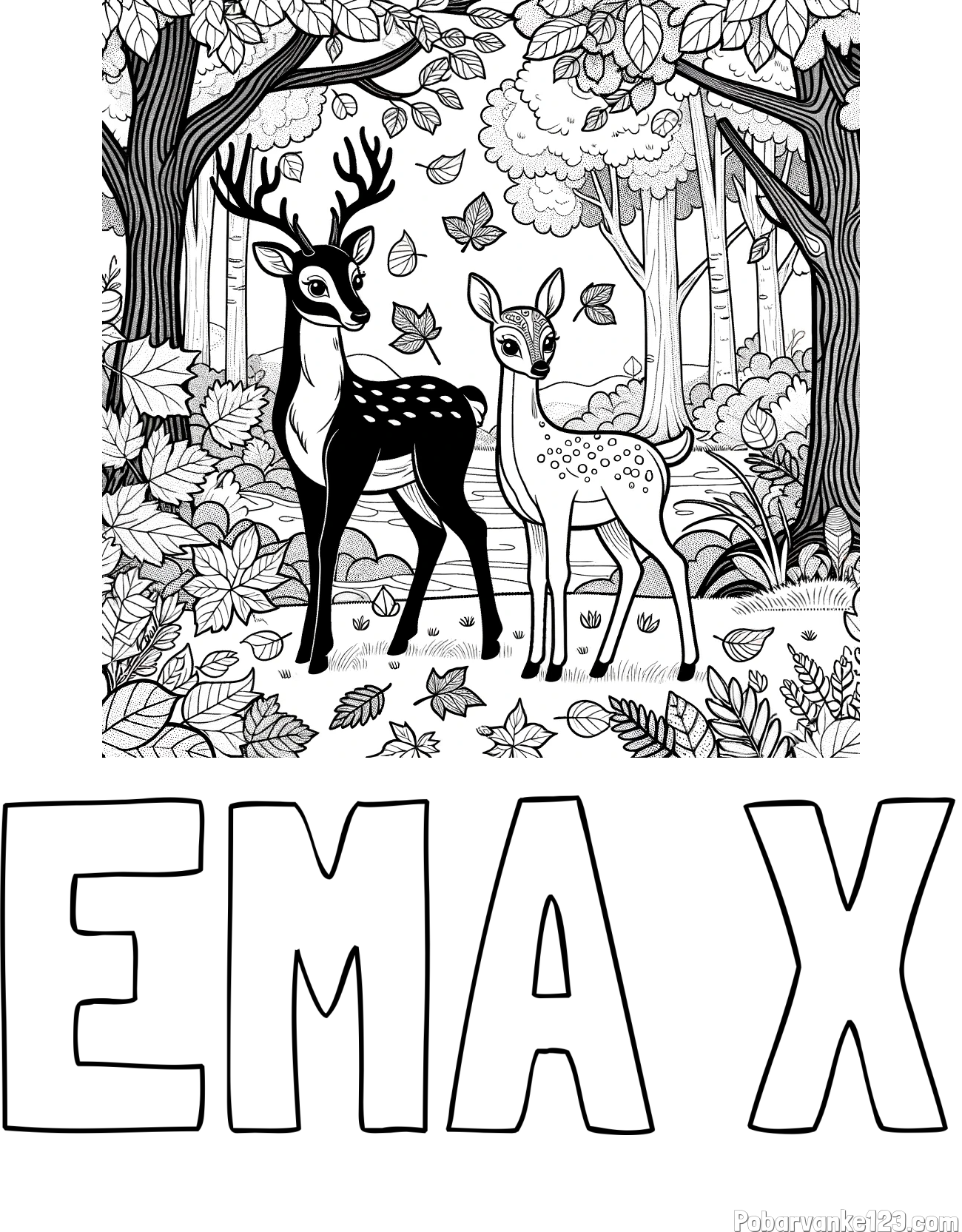 Pobarvanka imena EMA X in pobarvanka srnice in jelenčka
