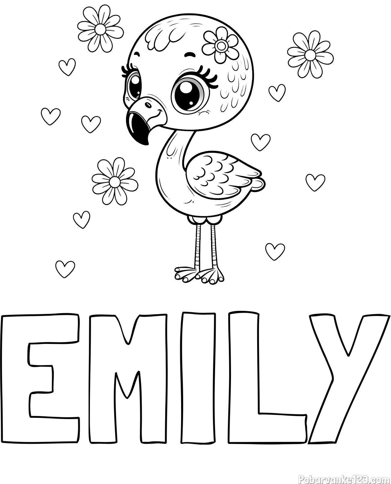Pobarvanka imena EMILY in pobarvanka mladička flaminga z rožicami in srčki