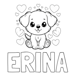 Pobarvanka imena ERINA in pobarvanka ljubkega kužka obdanega s srčki