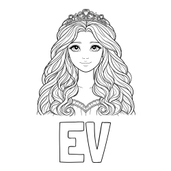 Online izdelana pobarvanka - Pobarvanka imena EV in pobarvanka ljubke princese z bujnimi lasmi