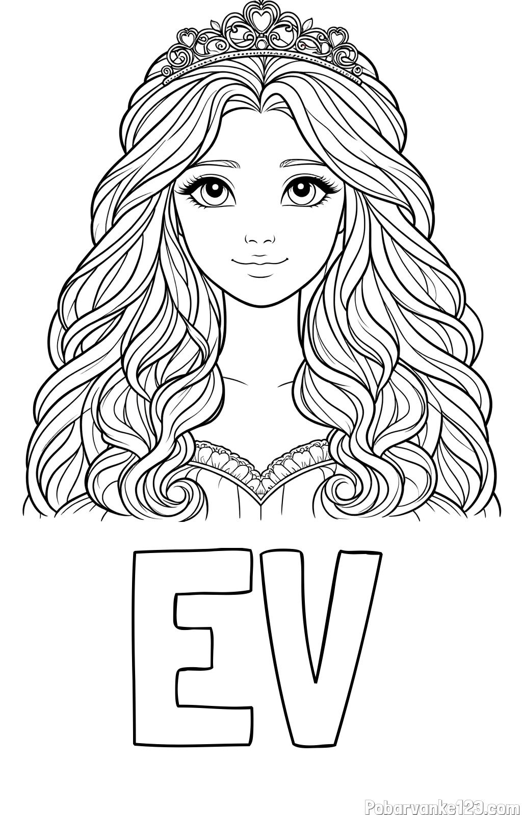 Pobarvanka imena EV in pobarvanka ljubke princese z bujnimi lasmi
