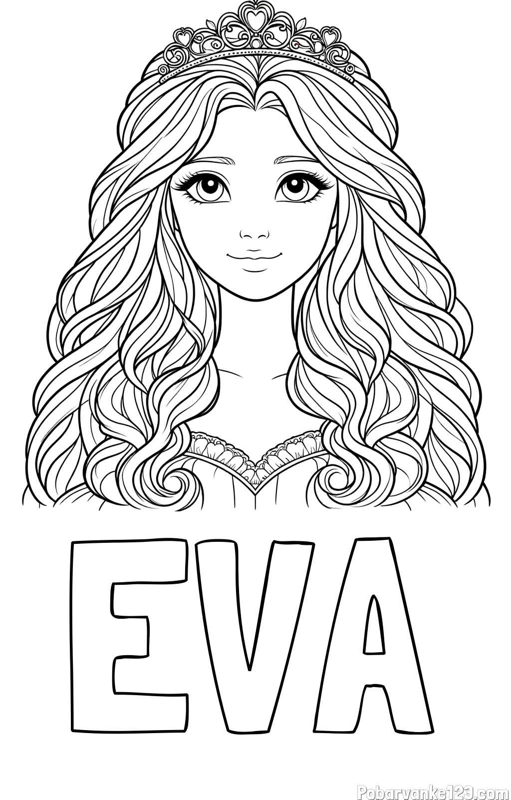 Pobarvanka imena EVA in pobarvanka ljubke princese z bujnimi lasmi