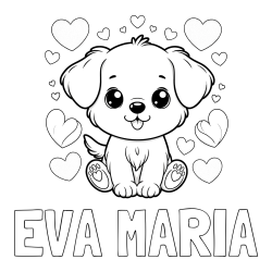 Online izdelana pobarvanka - Pobarvanka imena EVA MARIA in pobarvanka ljubkega kužka obdanega s srčki