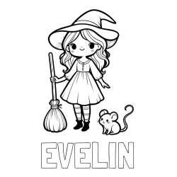 Online izdelana pobarvanka - Pobarvanka imena EVELIN in pobarvanka čarovnice z metlo in miško