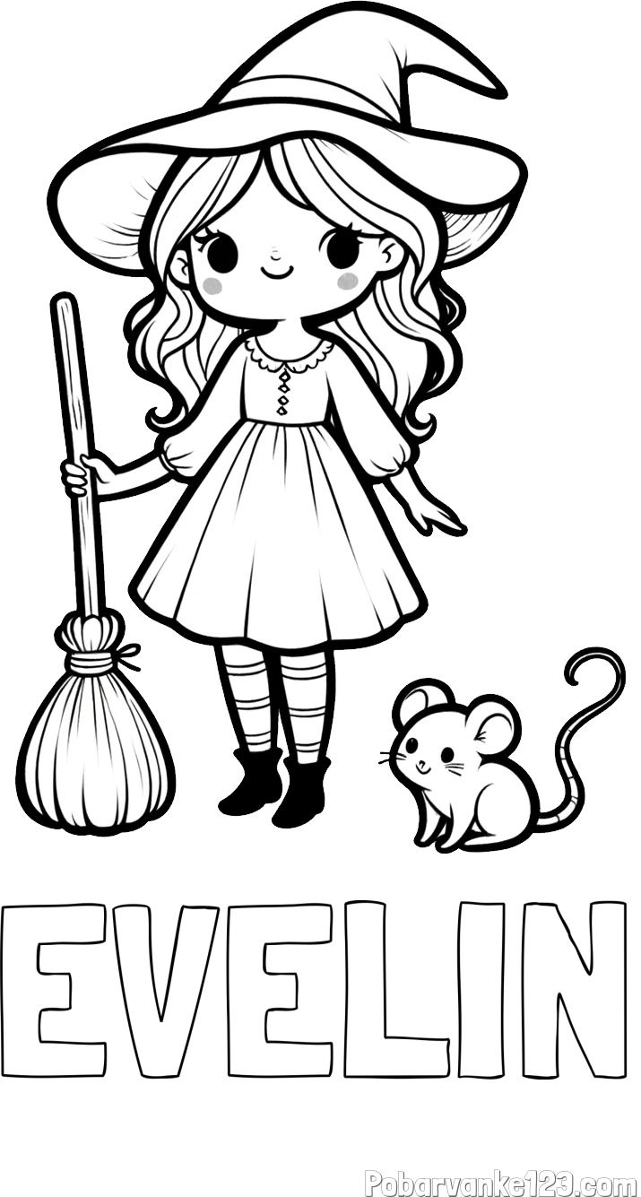 Pobarvanka imena EVELIN in pobarvanka čarovnice z metlo in miško