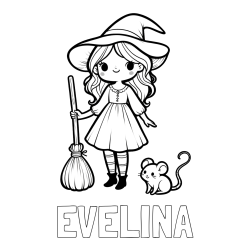 Online izdelana pobarvanka - Pobarvanka imena EVELINA in pobarvanka čarovnice z metlo in miško