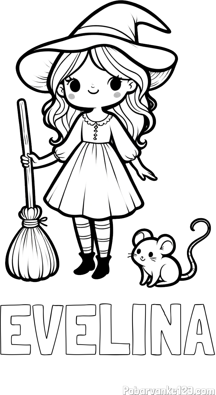 Pobarvanka imena EVELINA in pobarvanka čarovnice z metlo in miško