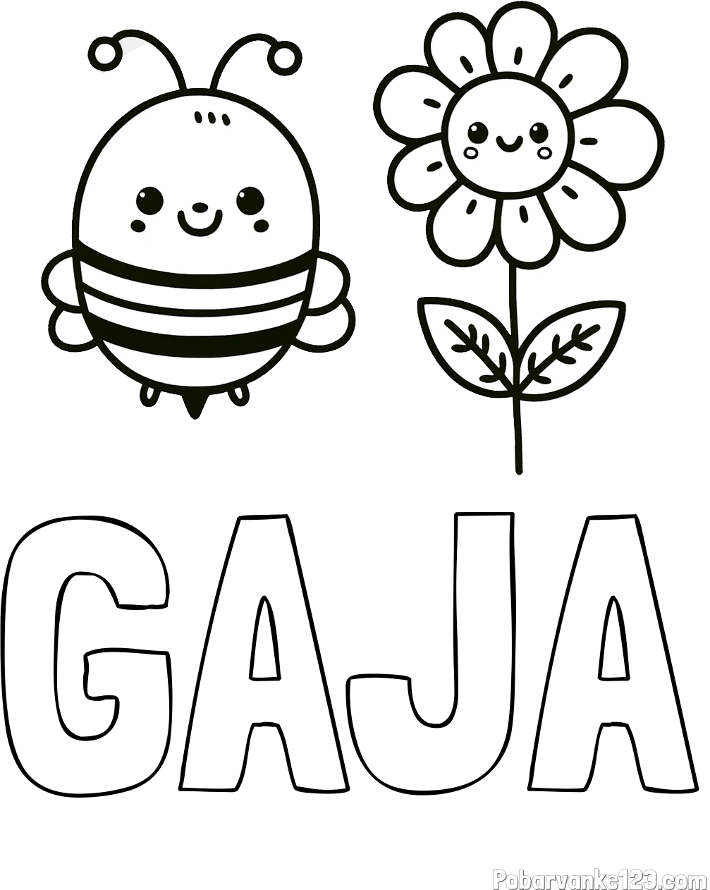 Pobarvanka imena GAJA in pobarvanka ljubke čebelice in nasmejane rože