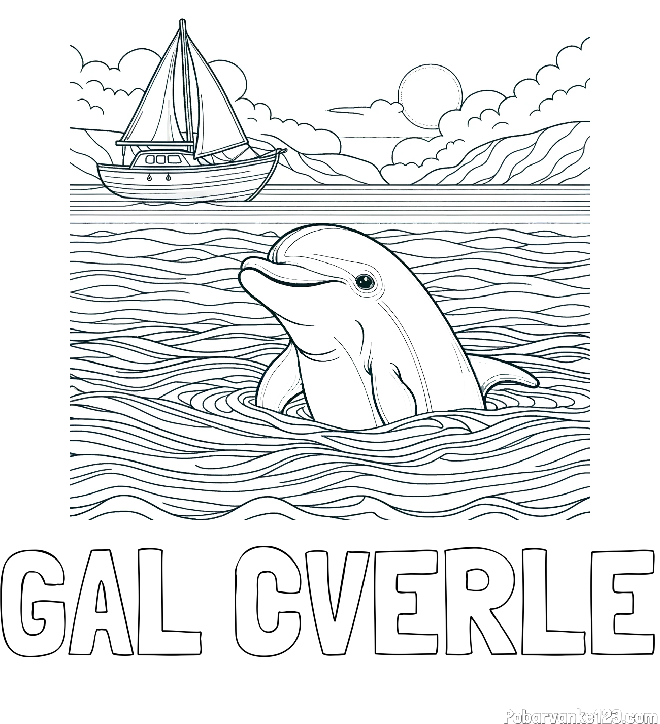 Pobarvanka imena GAL CVERLE in pobarvanka delfina v morju ter jadrnice