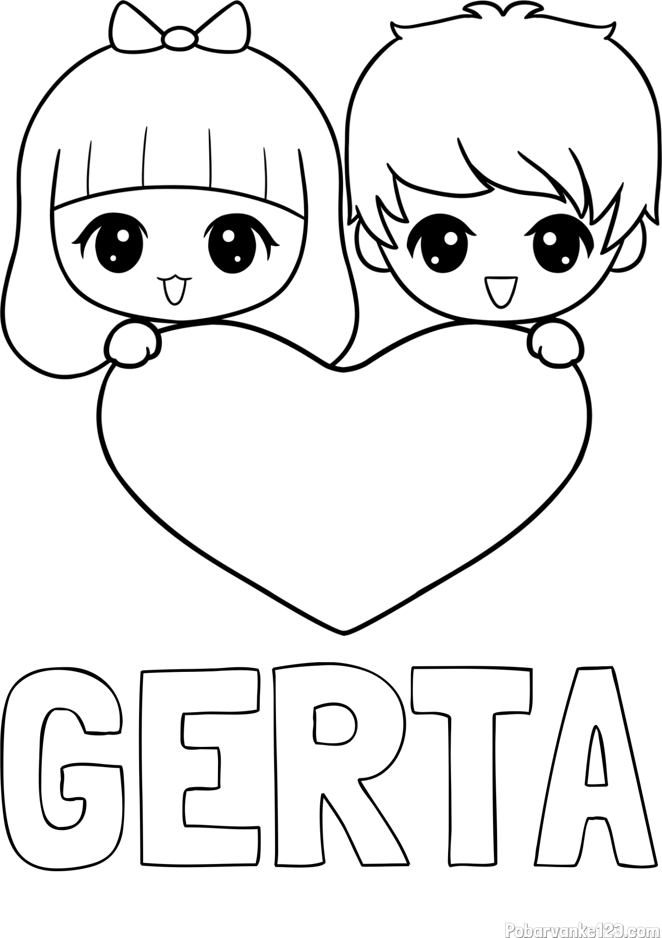 Pobarvanka imena GERTA in pobarvanka fantka in deklice, ki objemata srček