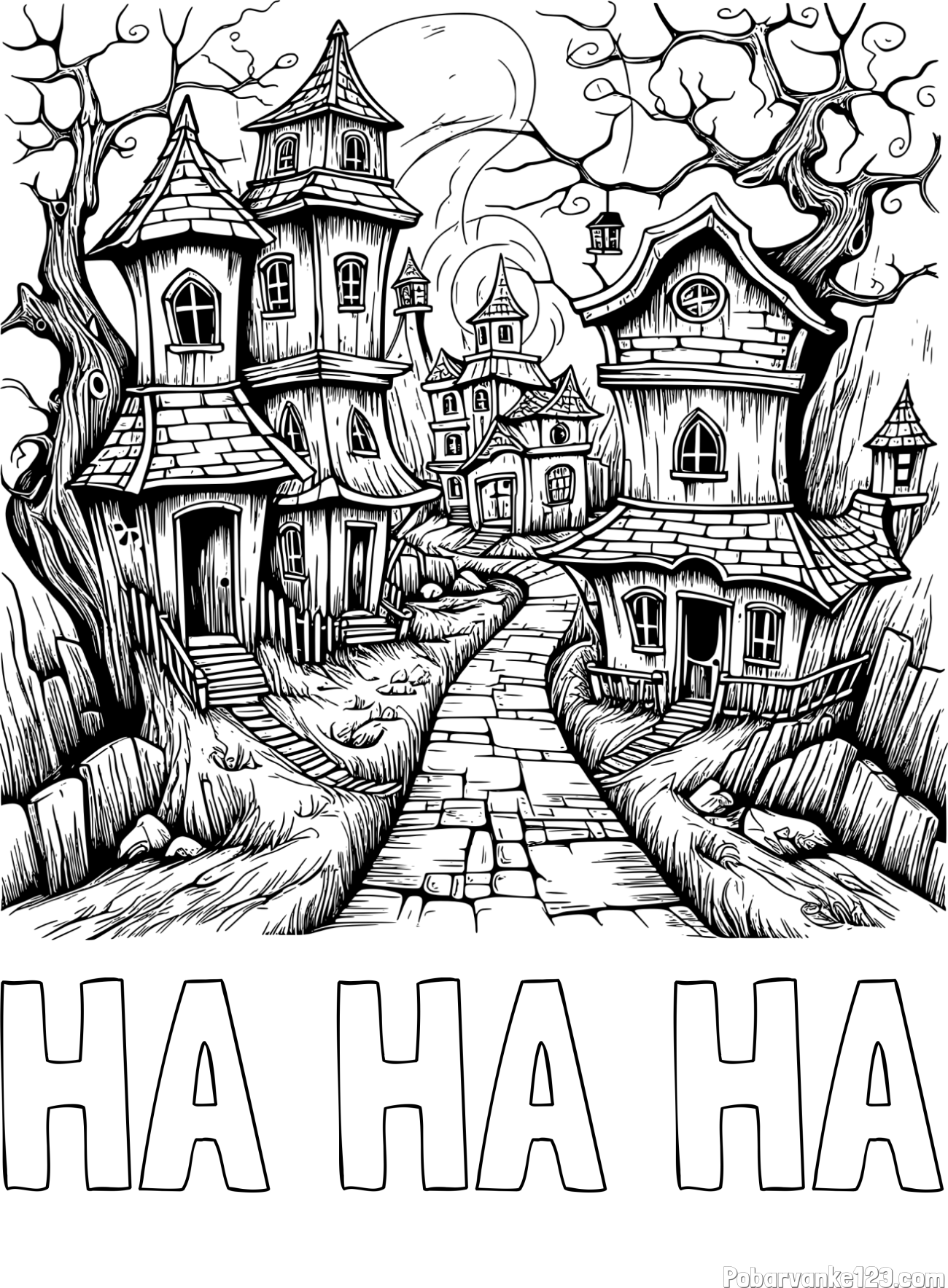 Pobarvanka imena HA HA HA in pobarvanka začaranih hišk