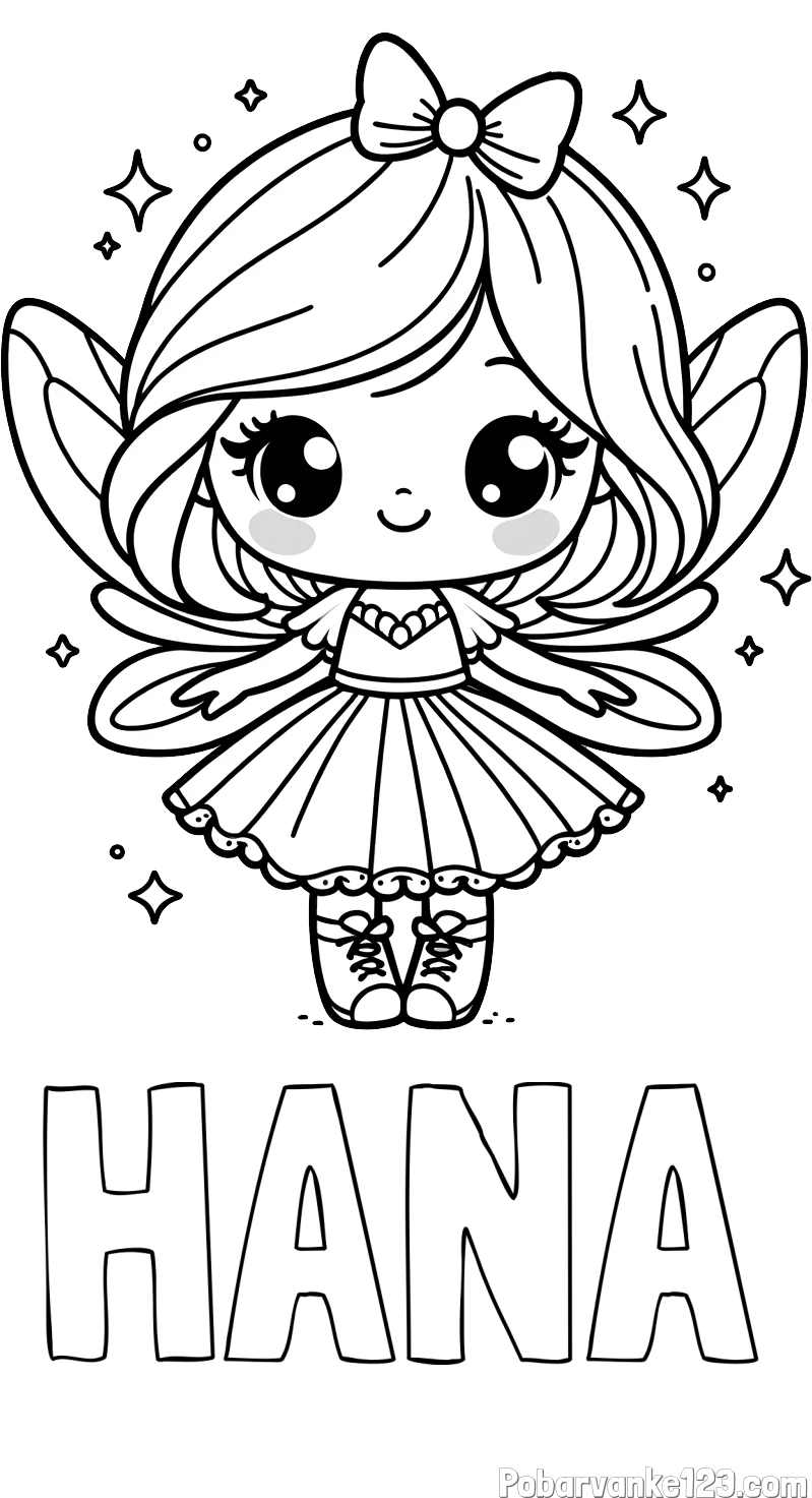 Pobarvanka imena HANA in pobarvanka čarobne vile z ljubkim obrazom