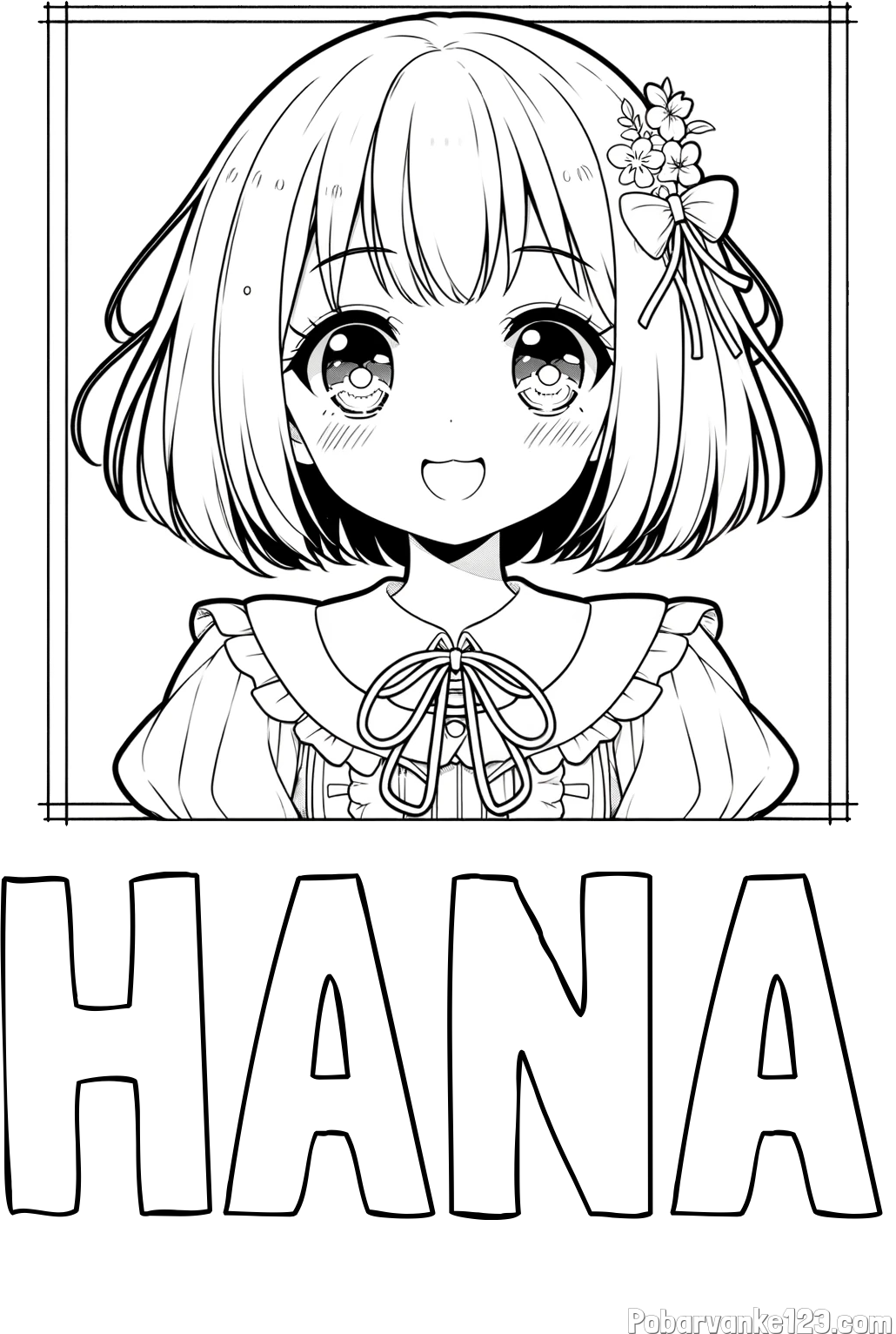 Pobarvanka imena HANA in pobarvanka ljubke punčke v anime slogu