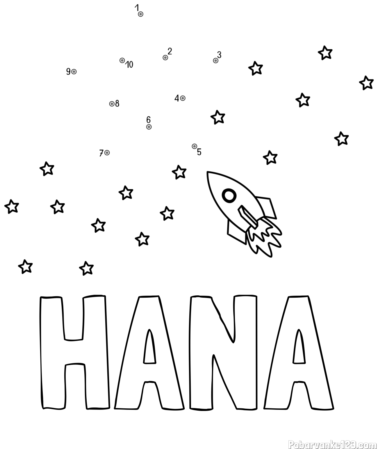 Pobarvanka imena HANA in pobarvanka poveži številke - vesoljska tematika