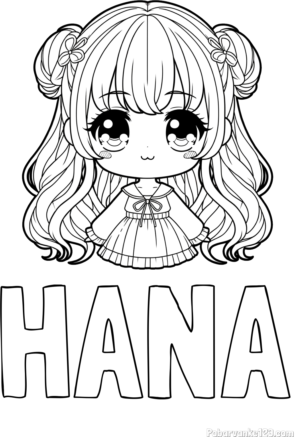 Pobarvanka imena HANA in pobarvanka prikupne punčke v anime slogu