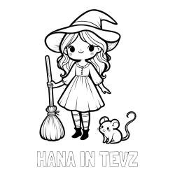 Online izdelana pobarvanka - Pobarvanka imena HANA IN TEVŽ in pobarvanka čarovnice z metlo in miško