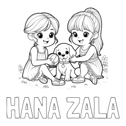 Online izdelana pobarvanka - Pobarvanka imena HANA ZALA in pobarvanka prijateljic s kužkom