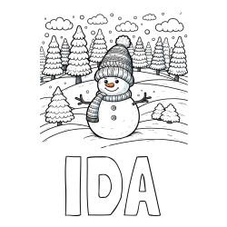 Online izdelana pobarvanka - Pobarvanka imena IDA in pobarvanka snežaka v naravi obdanega z zasneženimi smrekami