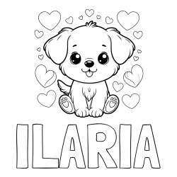 Online izdelana pobarvanka - Pobarvanka imena ILARIA in pobarvanka ljubkega kužka obdanega s srčki