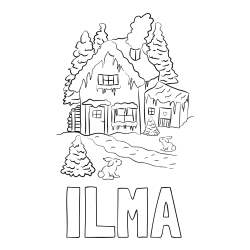 Online izdelana pobarvanka - Pobarvanka imena ILMA in pobarvanka zasnežene hiše