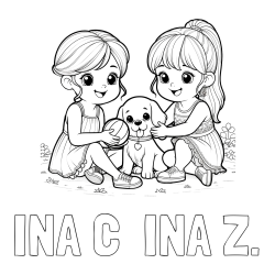 Online izdelana pobarvanka - Pobarvanka imena INA C  INA Ž. in pobarvanka prijateljic s kužkom