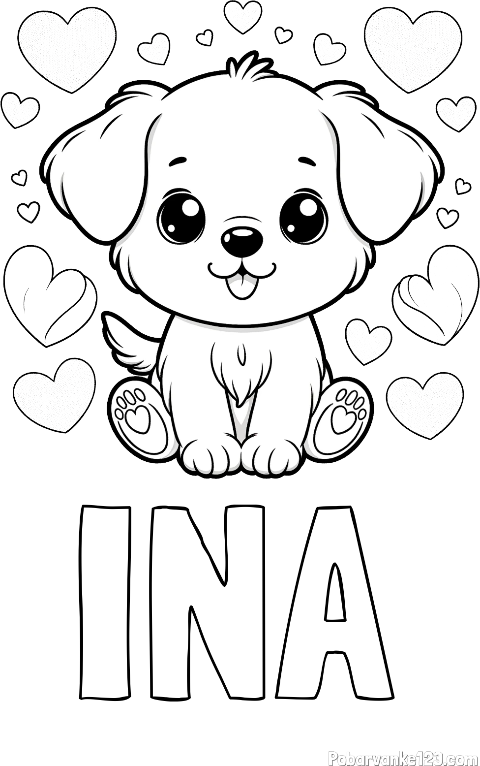 Pobarvanka imena INA in pobarvanka ljubkega kužka obdanega s srčki