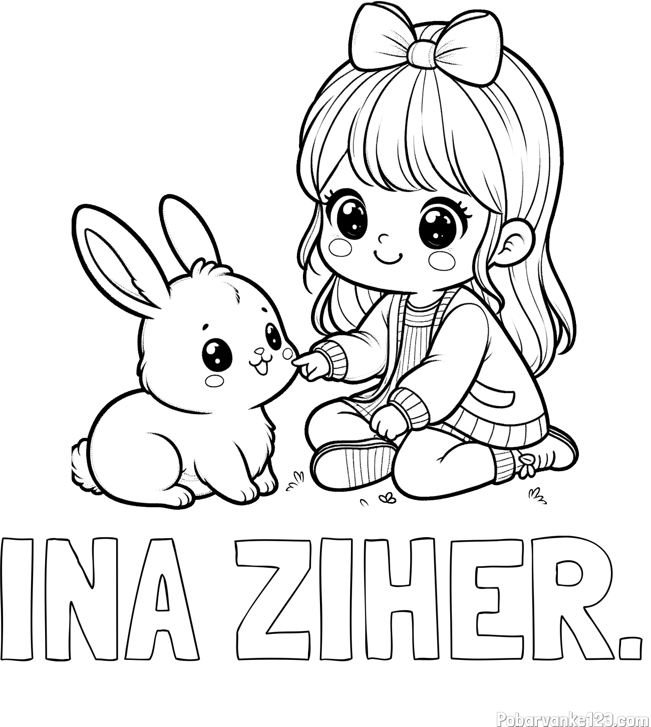 Pobarvanka imena INA ŽIHER. in pobarvanka ljubke punčke, ki se igra z zajčkom