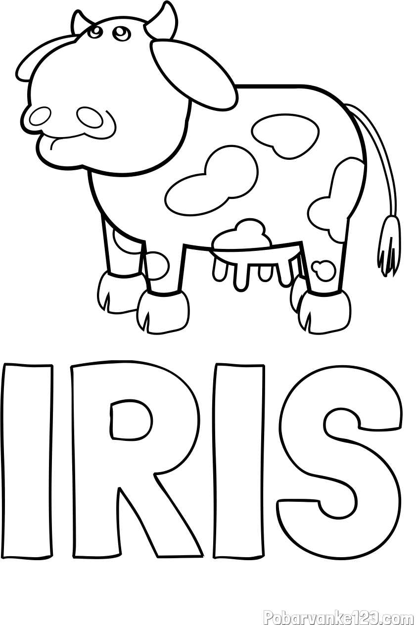 Pobarvanka imena IRIS in otroška pobarvanka smešne krave
