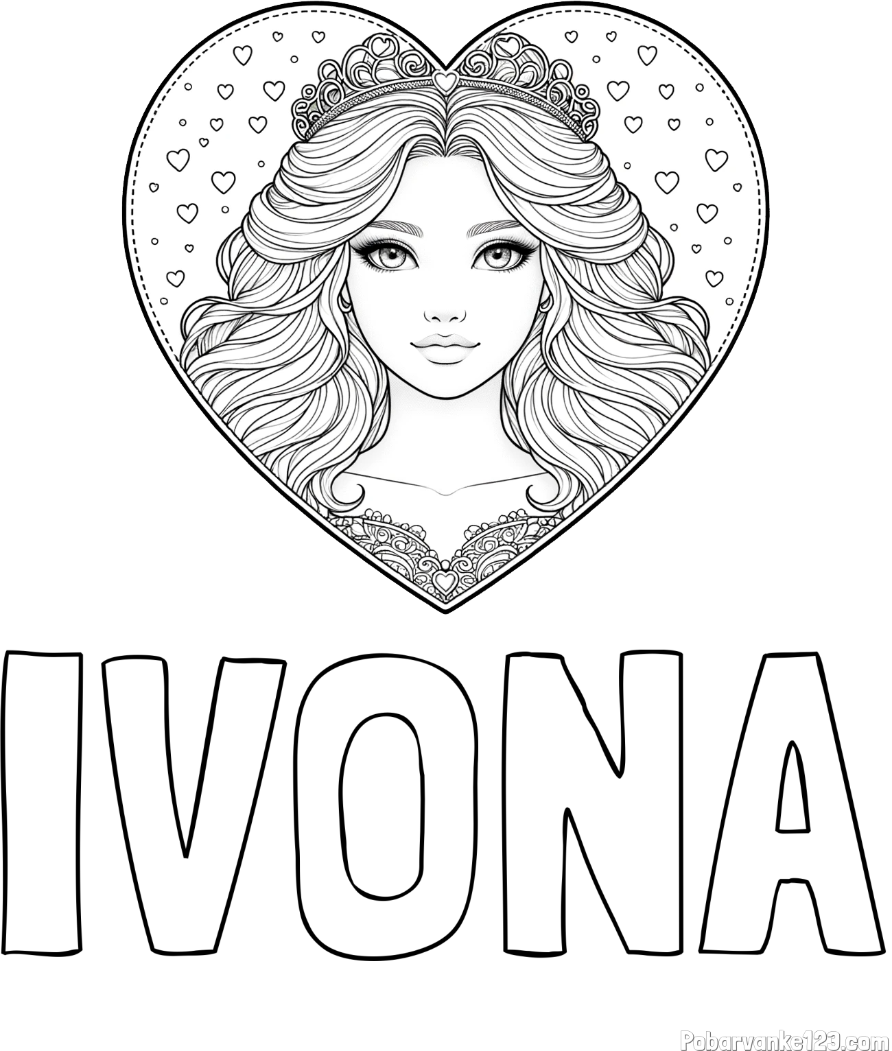 Pobarvanka imena IVONA in pobarvanka ljubke princese v srčku