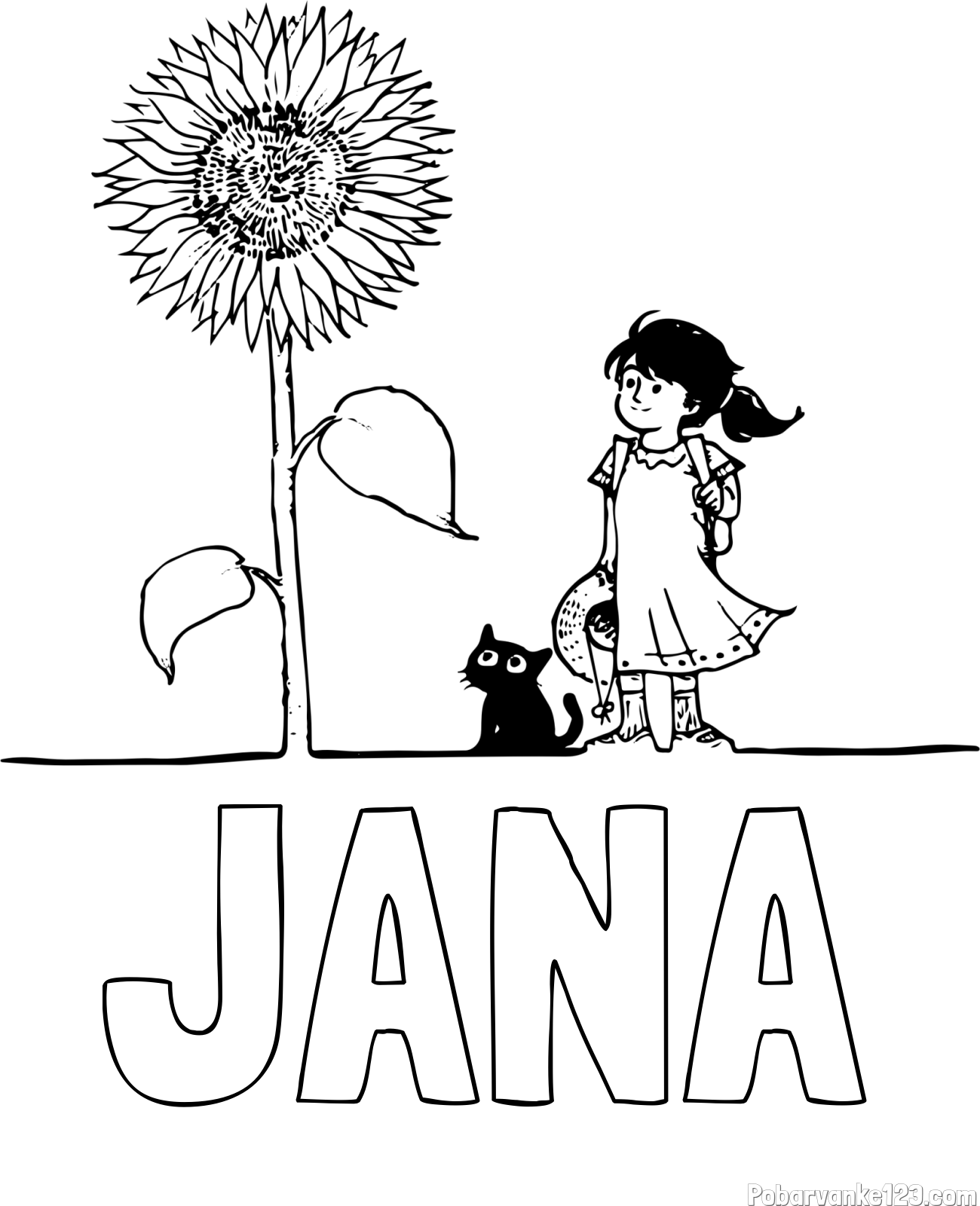 Pobarvanka imena JANA in pobarvanka velike sončnice, deklice in ljubkega mačka