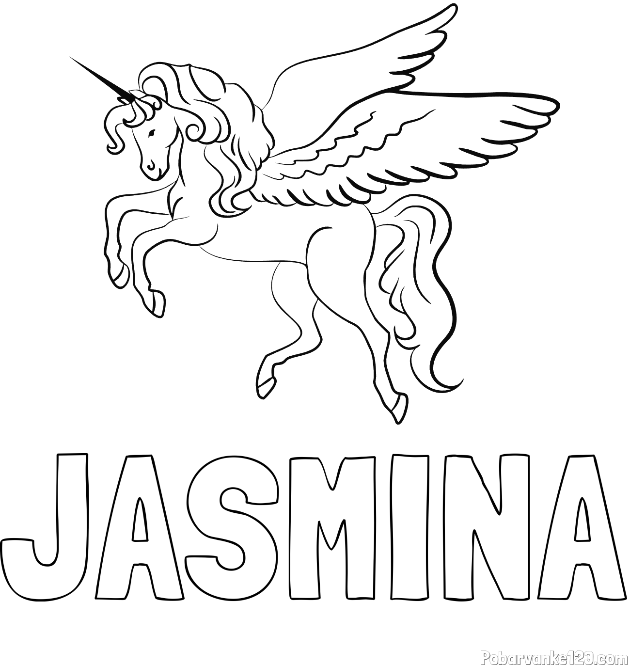 Pobarvanka imena JASMINA in lepa pobarvanka samoroga