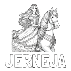 Online izdelana pobarvanka - Pobarvanka imena JERNEJA in pobarvanka nasmejana princese na konju