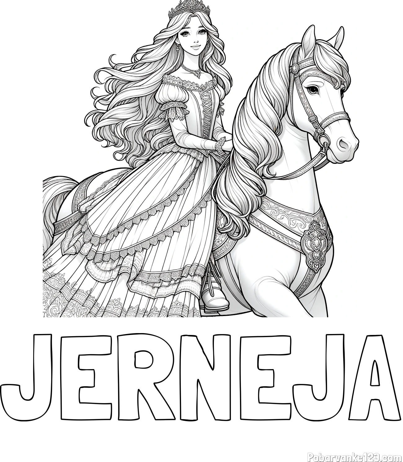 Pobarvanka imena JERNEJA in pobarvanka nasmejana princese na konju