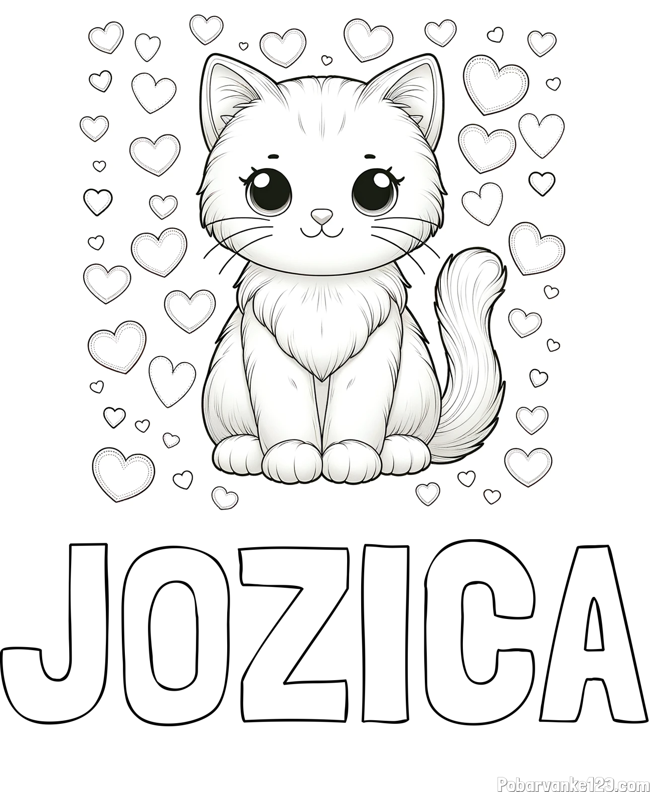 Pobarvanka imena JOŽICA in pobarvanka ljubke mucke obdane s srčki