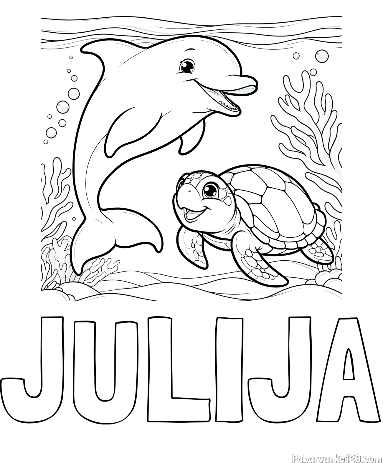 Pobarvanka imena JULIJA in pobarvanka ljubkega delfina z želvo v morju