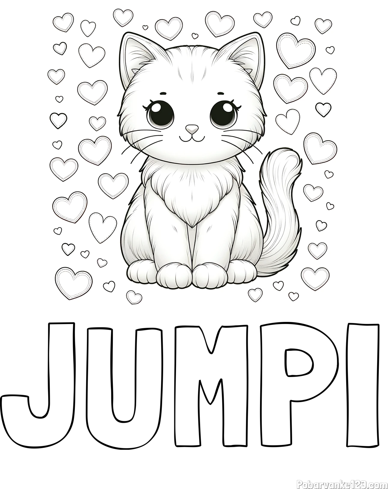 Pobarvanka imena JUMPI in pobarvanka ljubke mucke obdane s srčki
