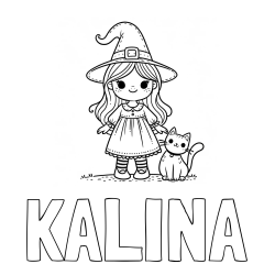 Online izdelana pobarvanka - Pobarvanka imena KALINA in Čudovita pobarvanka ljubke čarovnice in nasmejane mačke