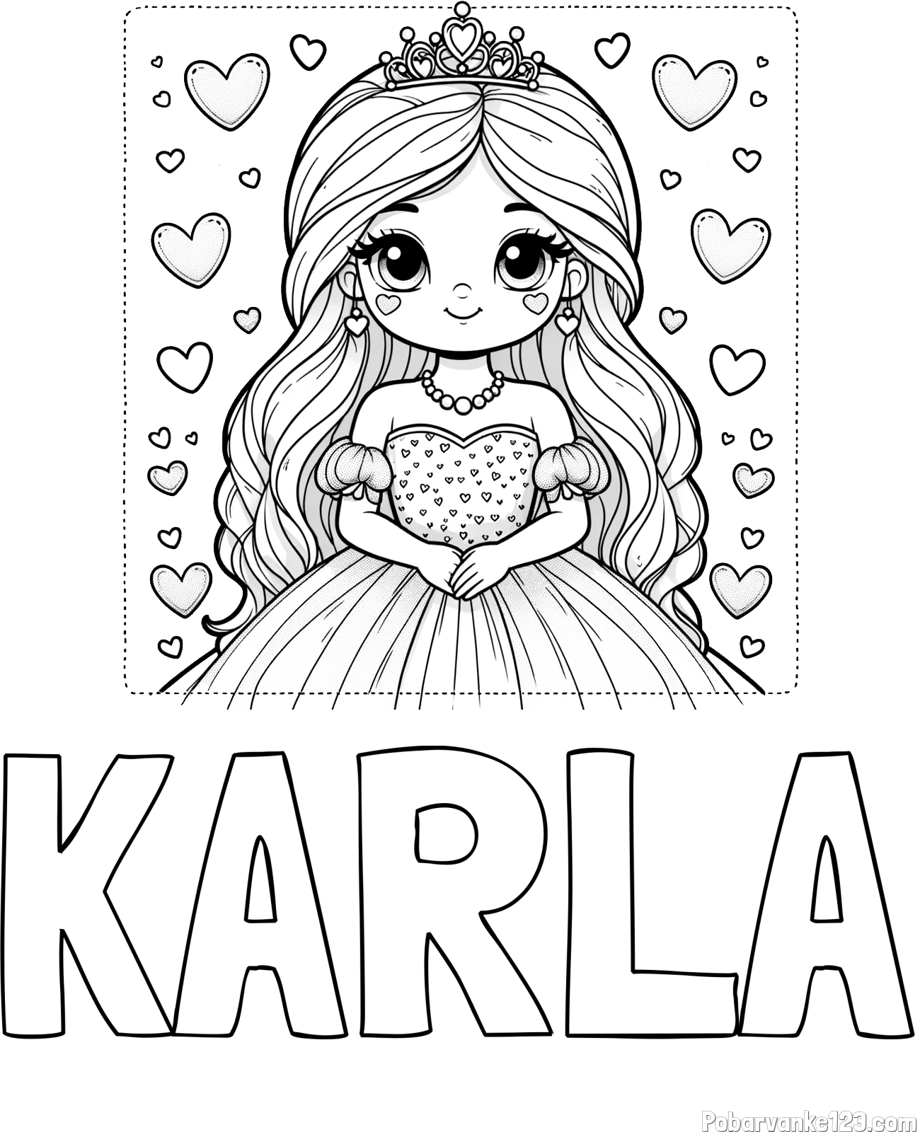 Pobarvanka imena KARLA in pobarvanka ljubke princese obdane s srčki