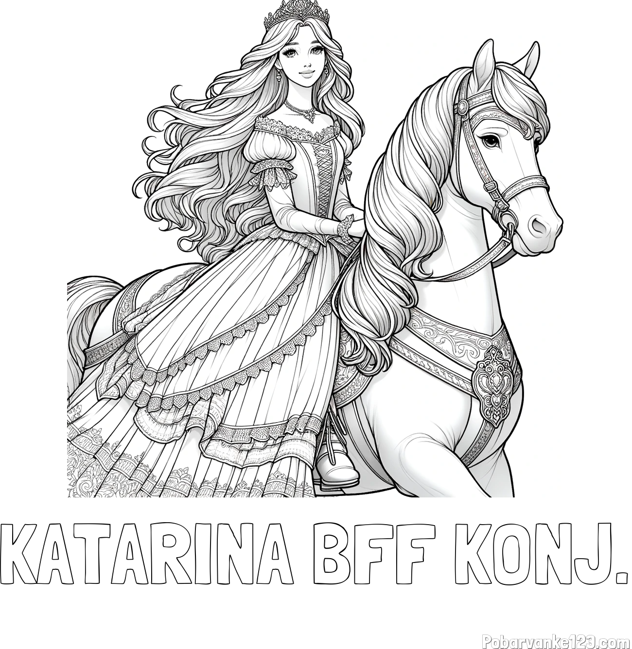 Pobarvanka imena KATARINA BFF KONJ. in pobarvanka nasmejana princese na konju