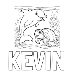 Online izdelana pobarvanka - Pobarvanka imena KEVIN in pobarvanka ljubkega delfina z želvo v morju