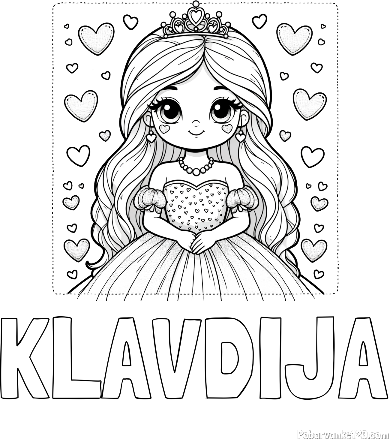 Pobarvanka imena KLAVDIJA in pobarvanka ljubke princese obdane s srčki